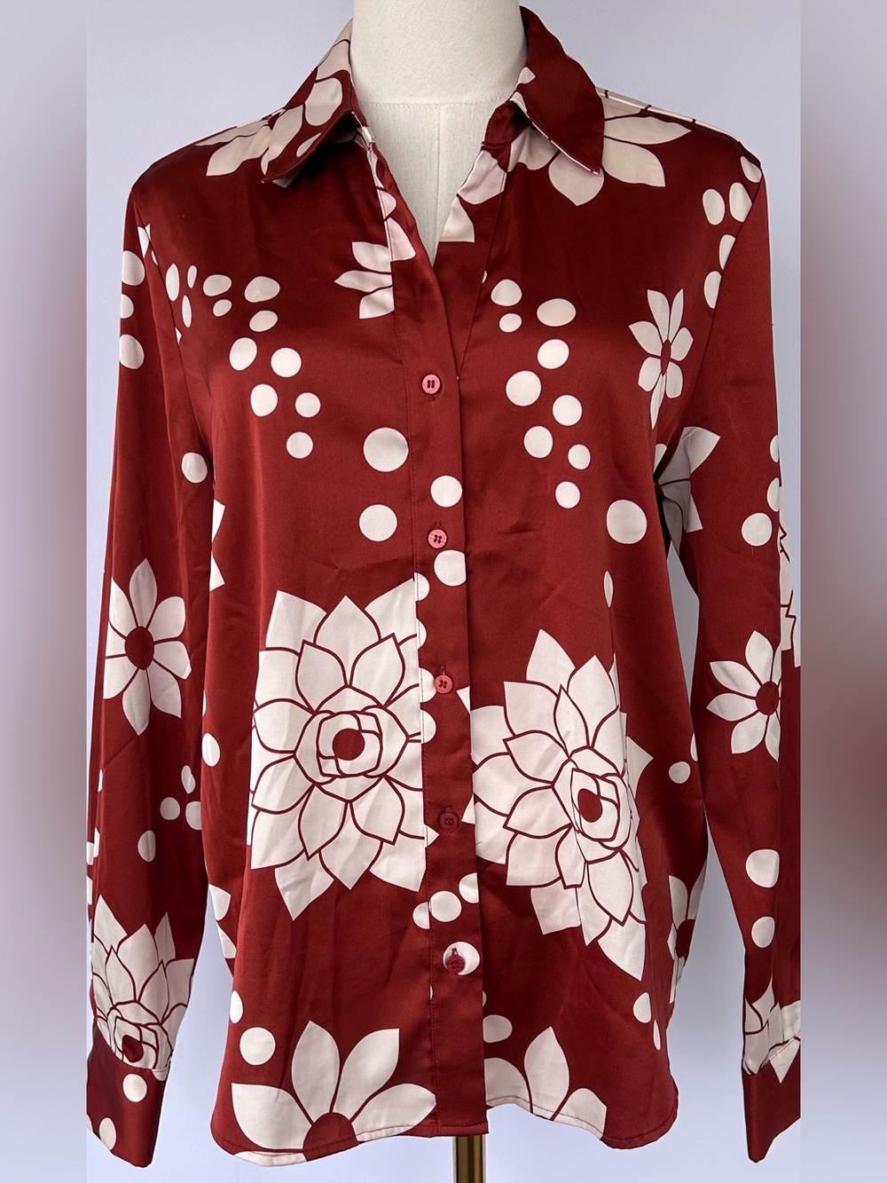 Maison d’Amelie Women’s Dahlia Print Blouse Button Front Long Sleeve Size Small